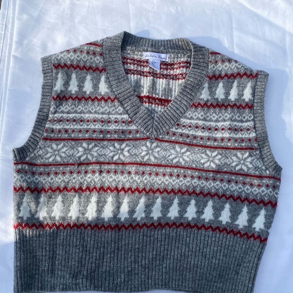 Wool Blend Grey Fair Isle V-Neck Sweater Vest